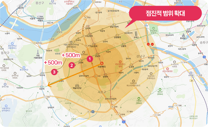 점진적 범위 확대하는 지도 이미지